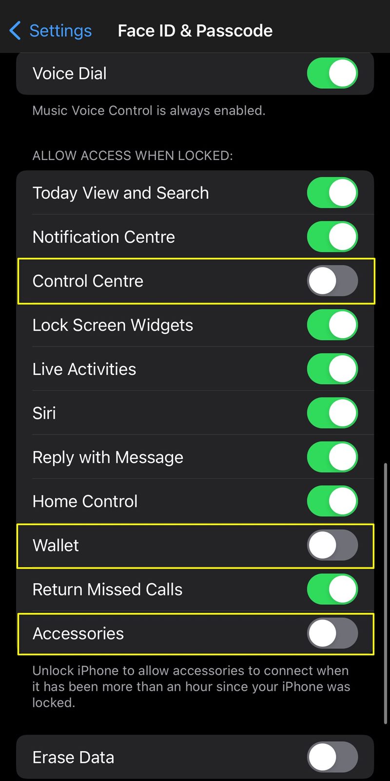 disabling control centre accessories iPhone